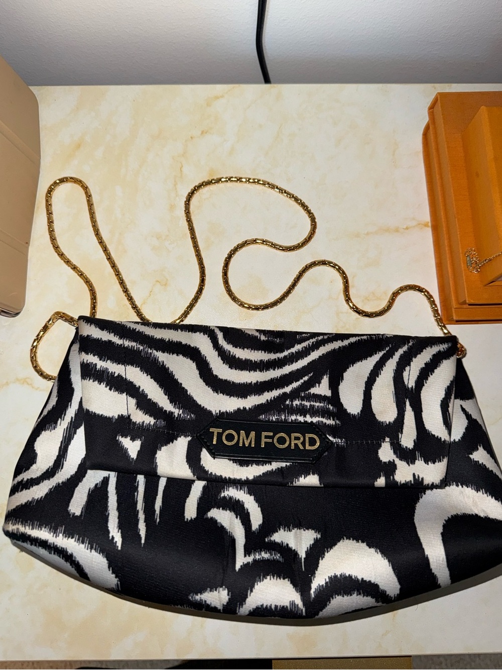 Tom Ford Black and White Zebra-Print Chain Crossbody Bag